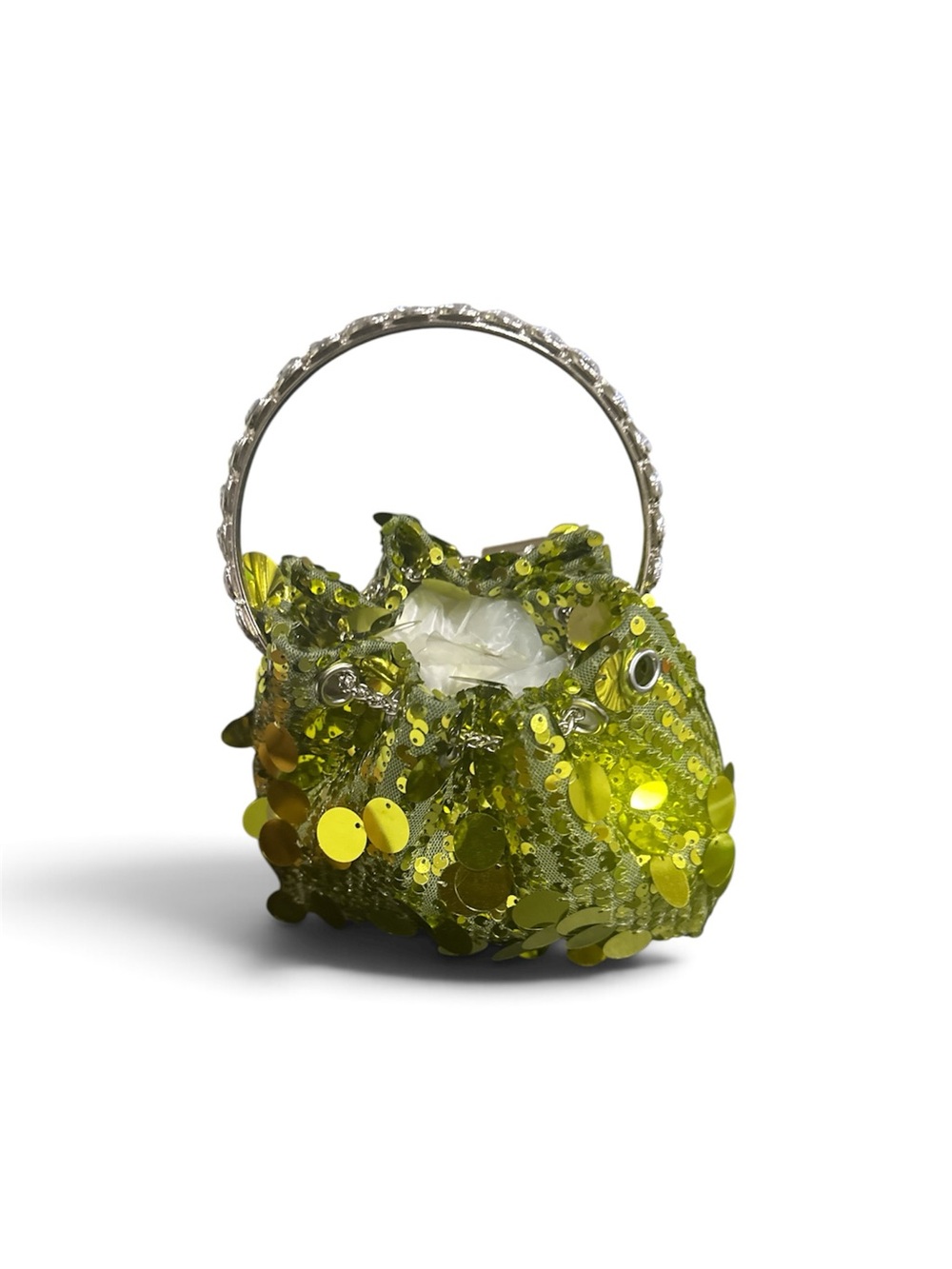 Green Sequin Accent Basket with Silver Handle - Decorative Table Accent